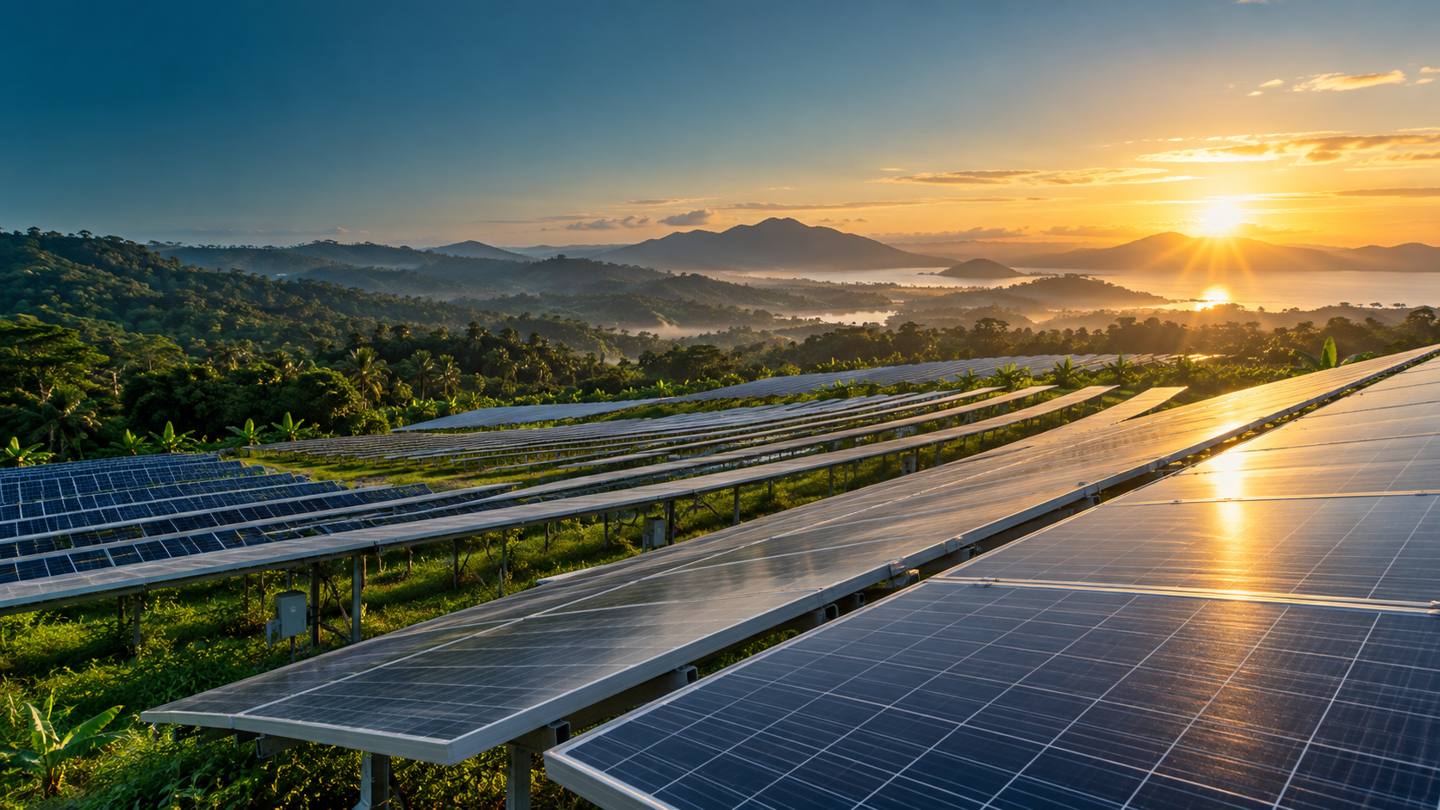 Illustrative solar farm at sunrise with tropical landscape